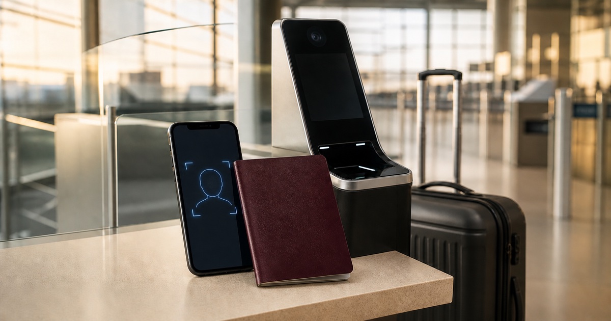 A passport, facial scan, automated border gate, and suitcase at an airport