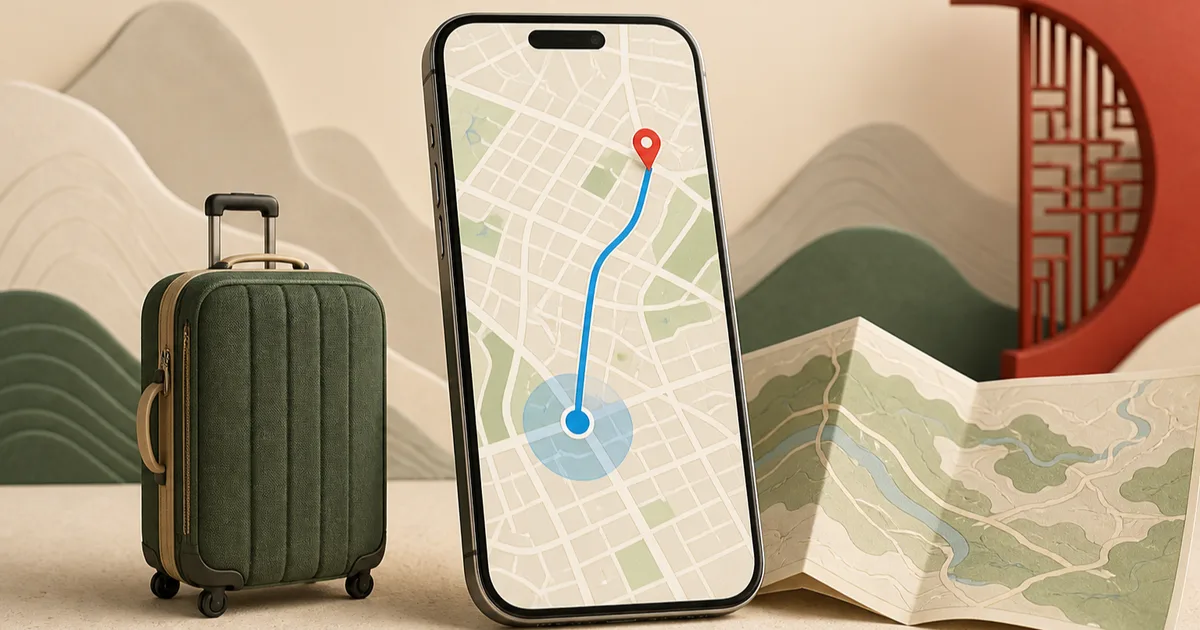 Uma viajante consulta o mapa no celular ao lado de uma mala e um mapa de papel na China