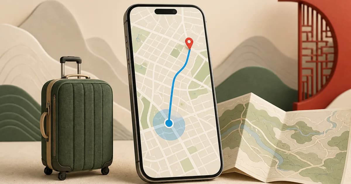Podróżniczka sprawdza mapę w telefonie obok walizki i papierowej mapy w Chinach